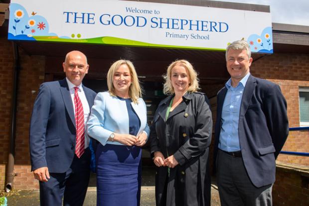 Pictured L-R are: Damian O’Neill, Principal of Good Shepherd Primary School, First Minister Michelle O’Neill, Junior Minister Pam Cameron and Hugh McCaughey, Chair of the Crescendo Project.